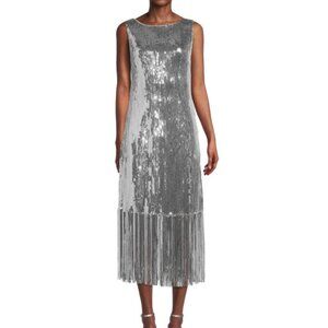 Nanette Lepore Silver Sequin Fringe Midi Dress